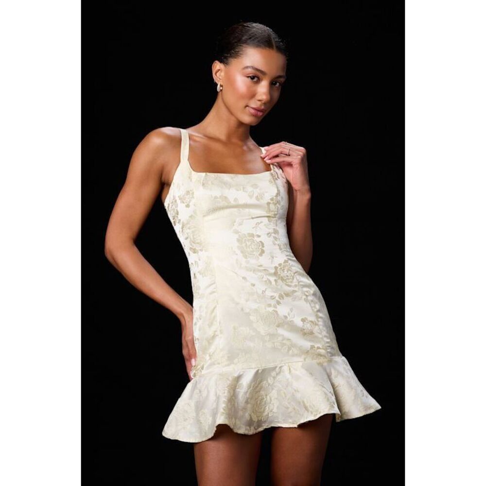Lulus Jenner Pale Yellow Floral Jacquard Ruffled Mini Dress - Size L